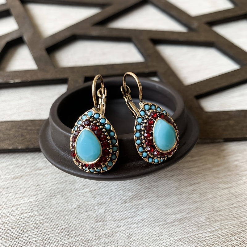 Classic Teardrop Resin Earrings for Women, Vintage Artificial Turquoise Rhinestone Hook Earrings, Gift for Loved Ones and Friends, Birthday Party Gift