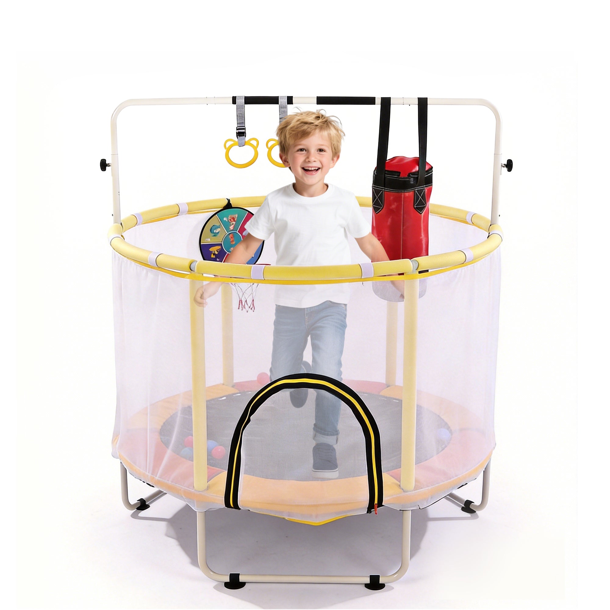 54 Inch Toddler Trampoline with Safety Net - Indoor and Outdoor Round Jumping Toy with Boxing Bag, Ring, Basketball Hoop, and Adjustable Gym Bar for Boys & Girls