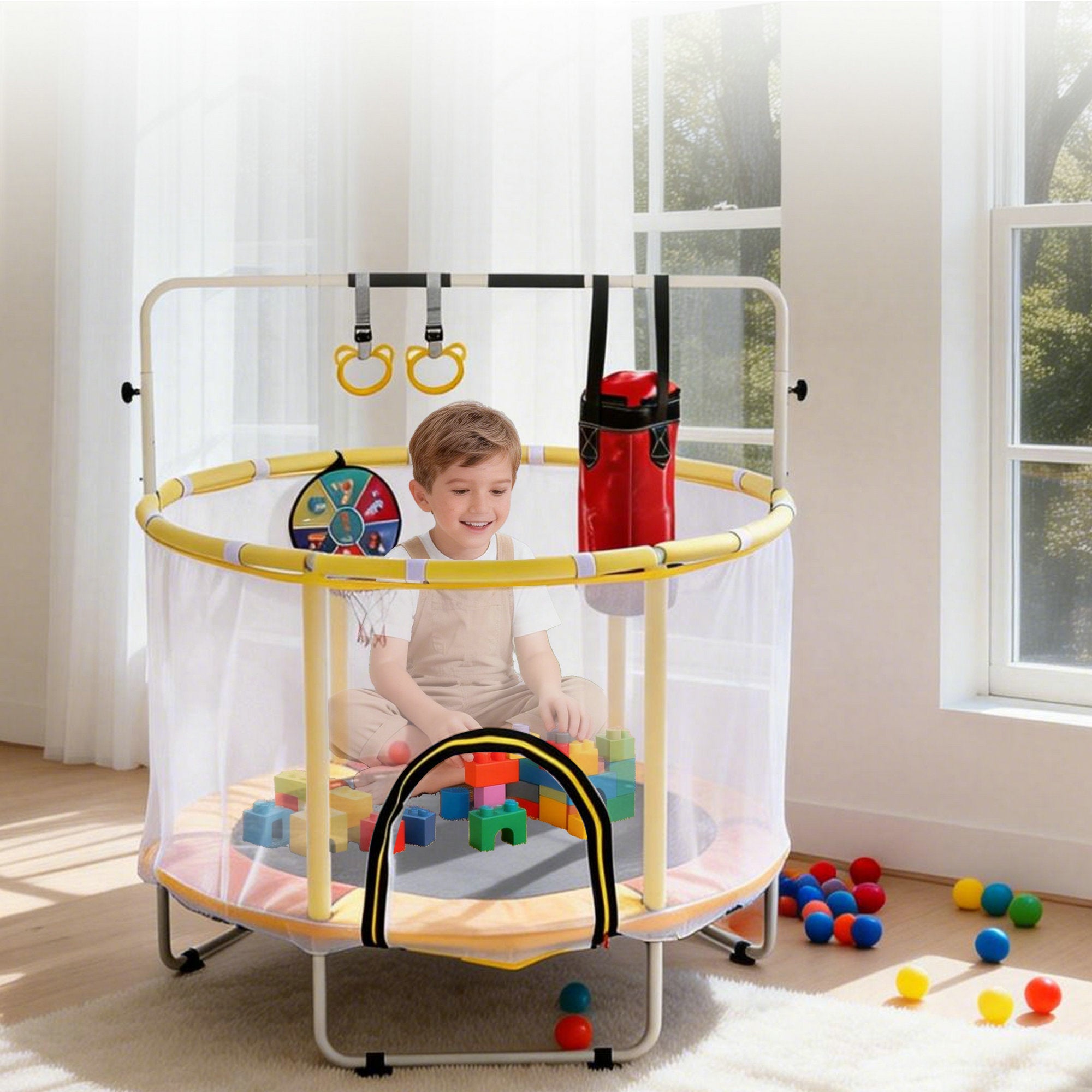 54 Inch Toddler Trampoline with Safety Net - Indoor and Outdoor Round Jumping Toy with Boxing Bag, Ring, Basketball Hoop, and Adjustable Gym Bar for Boys & Girls