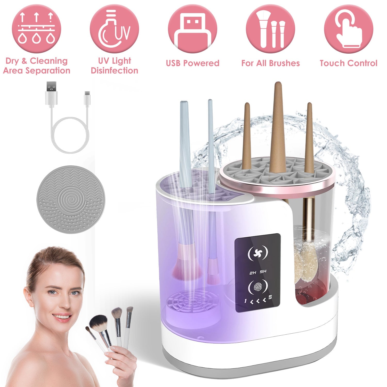 4 In 1 Electric Makeup Brush Cleaner with Timer Digital Display – USB Powered Automatic Blender Machine for All Types of Brushes, UV Disinfection & Storage – Perfect Valentine's Day Gift