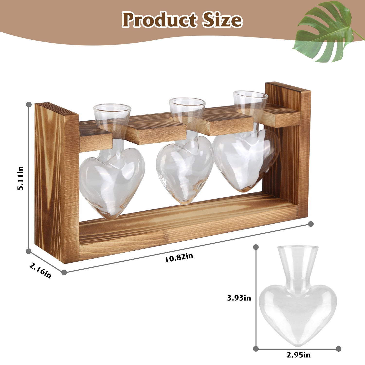 Plant Terrarium Propagation Station with 3 Heart Shaped Vases and Wooden Stand - Desktop Air Planter for Hydroponics Home Office Decor Gift for Plant Lovers