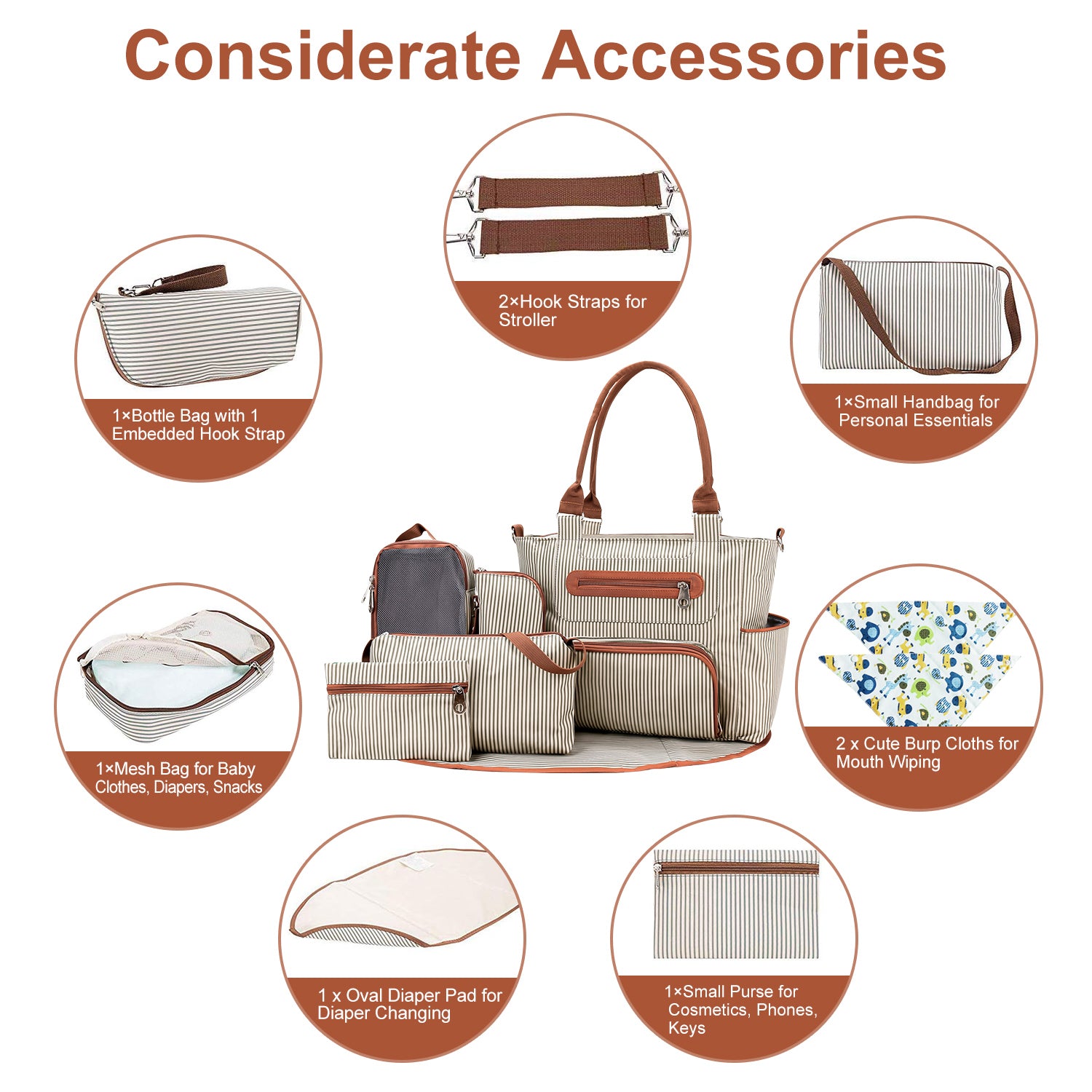 8Pcs Baby Diaper Bag Set with Multifunctional Handbags, Bottle Bag, Mesh Bag, Diaper Pad, 2 Burp Cloths, and 2 Hook Straps
