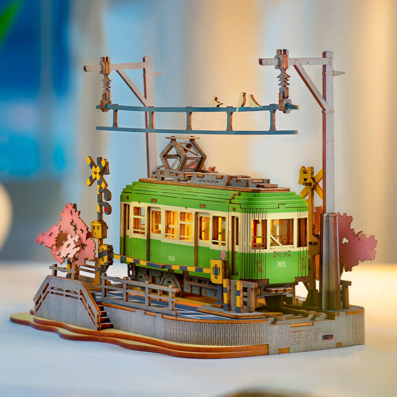 Rolife Sakura Journey Tram Car Puzzle - Creative 3D Wooden Model Gift for Teens